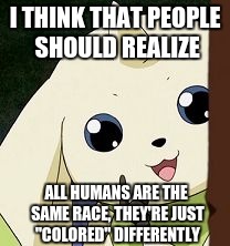 Enter Opinionated Terriermon. Also, we're all the same here! Why can't people see that? | I THINK THAT PEOPLE SHOULD REALIZE; ALL HUMANS ARE THE SAME RACE, THEY'RE JUST "COLORED" DIFFERENTLY | image tagged in opinionated terriermon,digimon | made w/ Imgflip meme maker