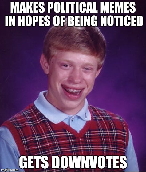 And this is why I try to stay out of politics on ImgFlip. In my house, however, that's a different story. | MAKES POLITICAL MEMES IN HOPES OF BEING NOTICED; GETS DOWNVOTES | image tagged in memes,bad luck brian,politics | made w/ Imgflip meme maker