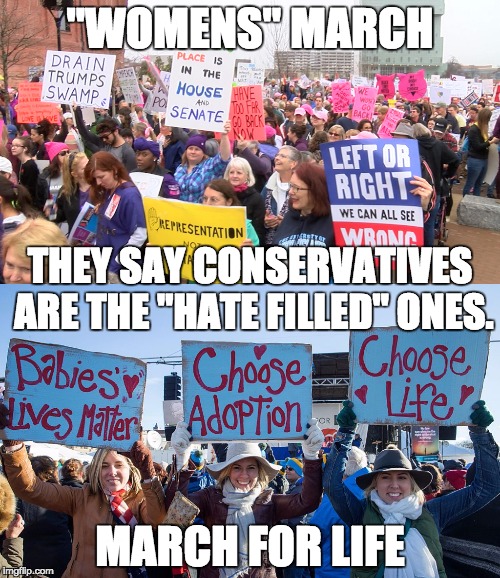 "WOMENS" MARCH; THEY SAY CONSERVATIVES ARE THE "HATE FILLED" ONES. MARCH FOR LIFE | made w/ Imgflip meme maker