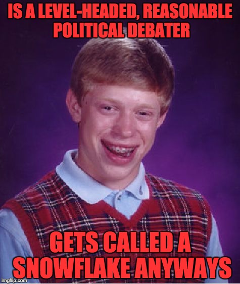 Bad Luck Brian Meme | IS A LEVEL-HEADED, REASONABLE POLITICAL DEBATER; GETS CALLED A SNOWFLAKE ANYWAYS | image tagged in memes,bad luck brian | made w/ Imgflip meme maker