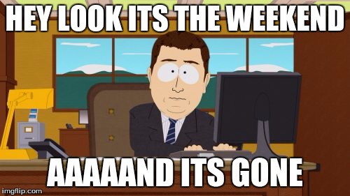 Aaaaand Its Gone Meme | HEY LOOK ITS THE WEEKEND; AAAAAND ITS GONE | image tagged in memes,aaaaand its gone | made w/ Imgflip meme maker