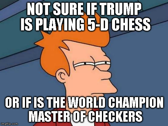Futurama Fry Meme | NOT SURE IF TRUMP IS PLAYING 5-D CHESS; OR IF IS THE WORLD CHAMPION MASTER OF CHECKERS | image tagged in memes,futurama fry | made w/ Imgflip meme maker