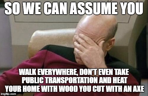 Captain Picard Facepalm Meme | SO WE CAN ASSUME YOU WALK EVERYWHERE, DON'T EVEN TAKE PUBLIC TRANSPORTATION AND HEAT YOUR HOME WITH WOOD YOU CUT WITH AN AXE | image tagged in memes,captain picard facepalm | made w/ Imgflip meme maker