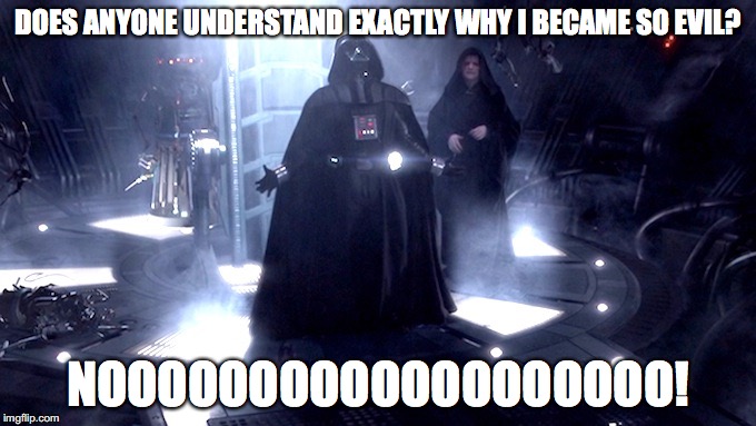 Darth Vader No | DOES ANYONE UNDERSTAND EXACTLY WHY I BECAME SO EVIL? NOOOOOOOOOOOOOOOOOOO! | image tagged in darth vader no | made w/ Imgflip meme maker