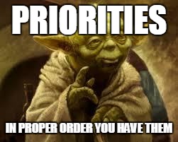 yoda | PRIORITIES; IN PROPER ORDER
YOU HAVE THEM | image tagged in yoda | made w/ Imgflip meme maker