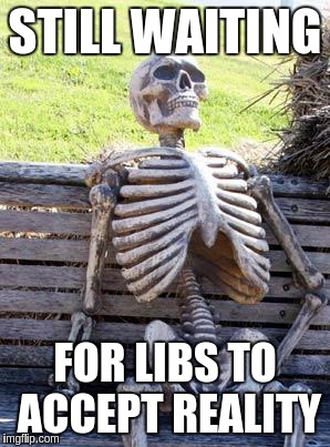 Waiting Skeleton | STILL WAITING; FOR LIBS TO ACCEPT REALITY | image tagged in memes,waiting skeleton | made w/ Imgflip meme maker