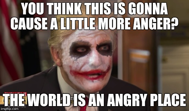 Welcome to President Trump's Reality @TheDailyShow | YOU THINK THIS IS GONNA CAUSE A LITTLE MORE ANGER? THE WORLD IS AN ANGRY PLACE | image tagged in the joker,donald trump,alternate reality,daily show | made w/ Imgflip meme maker