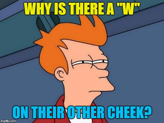 Futurama Fry Meme | WHY IS THERE A "W" ON THEIR OTHER CHEEK? | image tagged in memes,futurama fry | made w/ Imgflip meme maker