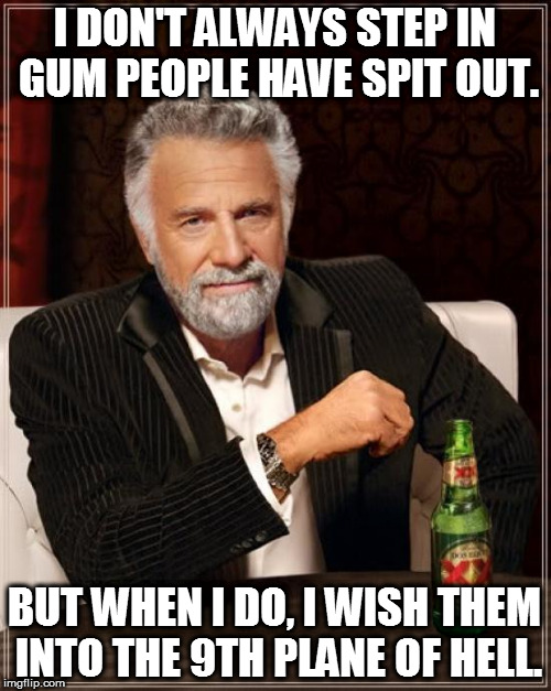 The Most Interesting Man In The World Meme | I DON'T ALWAYS STEP IN GUM PEOPLE HAVE SPIT OUT. BUT WHEN I DO, I WISH THEM INTO THE 9TH PLANE OF HELL. | image tagged in memes,the most interesting man in the world | made w/ Imgflip meme maker