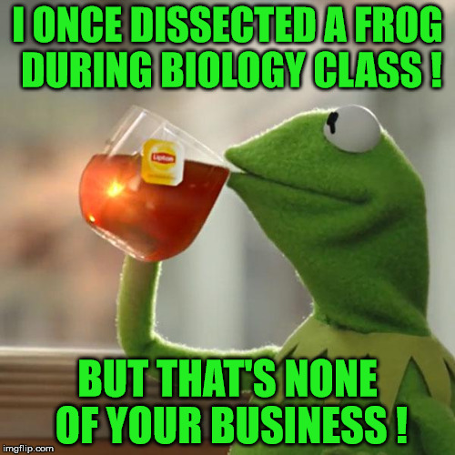 But That's None Of My Business Meme | I ONCE DISSECTED A FROG DURING BIOLOGY CLASS ! BUT THAT'S NONE OF YOUR BUSINESS ! | image tagged in memes,but thats none of my business,kermit the frog | made w/ Imgflip meme maker