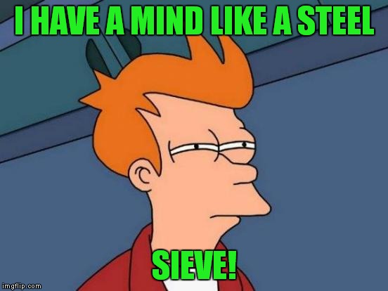 Futurama Fry Meme | I HAVE A MIND LIKE A STEEL SIEVE! | image tagged in memes,futurama fry | made w/ Imgflip meme maker