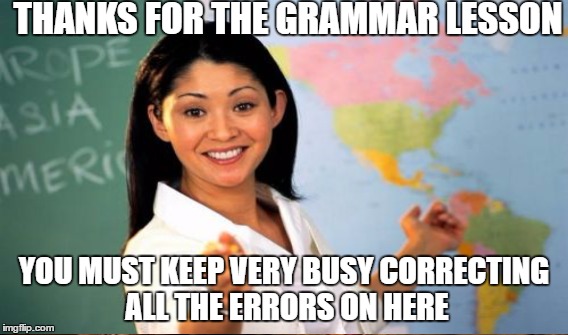 THANKS FOR THE GRAMMAR LESSON YOU MUST KEEP VERY BUSY CORRECTING ALL THE ERRORS ON HERE | made w/ Imgflip meme maker