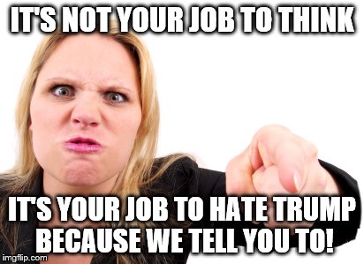 Angry Feminist | IT'S NOT YOUR JOB TO THINK; IT'S YOUR JOB TO HATE TRUMP BECAUSE WE TELL YOU TO! | image tagged in angry feminist | made w/ Imgflip meme maker