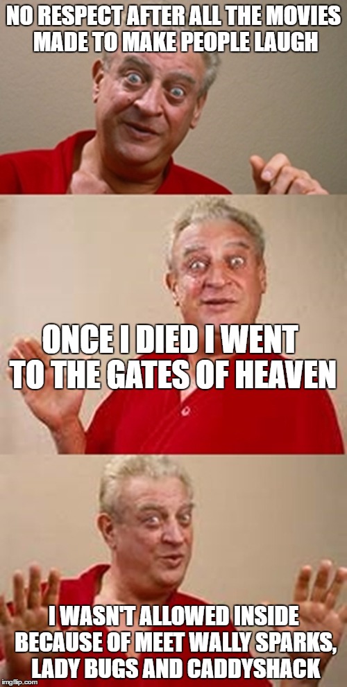 bad pun Dangerfield  | NO RESPECT AFTER ALL THE MOVIES MADE TO MAKE PEOPLE LAUGH; ONCE I DIED I WENT TO THE GATES OF HEAVEN; I WASN'T ALLOWED INSIDE BECAUSE OF MEET WALLY SPARKS, LADY BUGS AND CADDYSHACK | image tagged in bad pun dangerfield | made w/ Imgflip meme maker