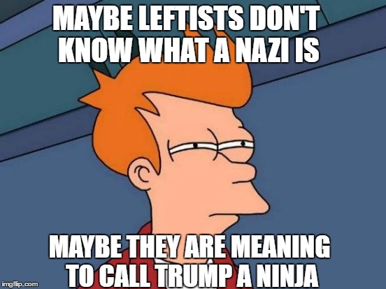 Futurama Fry Meme | MAYBE LEFTISTS DON'T KNOW WHAT A NAZI IS; MAYBE THEY ARE MEANING TO CALL TRUMP A NINJA | image tagged in memes,futurama fry | made w/ Imgflip meme maker