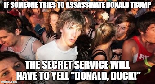 Probably a repost... | IF SOMEONE TRIES TO ASSASSINATE DONALD TRUMP; THE SECRET SERVICE WILL HAVE TO YELL "DONALD, DUCK!" | image tagged in memes,sudden clarity clarence,donald trump,donald duck | made w/ Imgflip meme maker