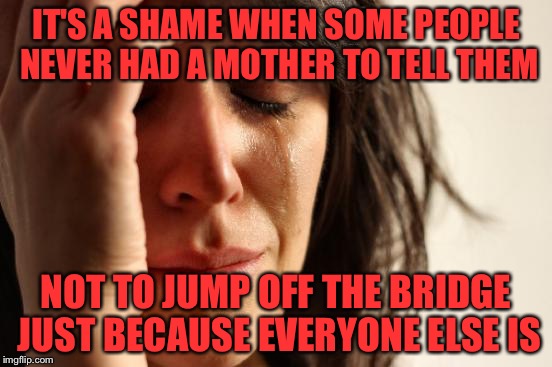 First World Problems Meme | IT'S A SHAME WHEN SOME PEOPLE NEVER HAD A MOTHER TO TELL THEM NOT TO JUMP OFF THE BRIDGE JUST BECAUSE EVERYONE ELSE IS | image tagged in memes,first world problems | made w/ Imgflip meme maker