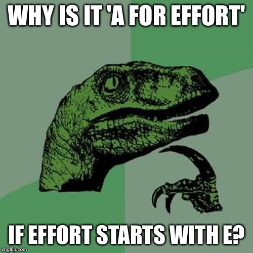 Philosoraptor Meme | WHY IS IT 'A FOR EFFORT'; IF EFFORT STARTS WITH E? | image tagged in memes,philosoraptor,a for effort | made w/ Imgflip meme maker