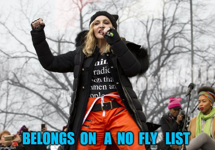 Madonna out of context | BELONGS  ON   A  NO  FLY   LIST | image tagged in madonna out of context | made w/ Imgflip meme maker