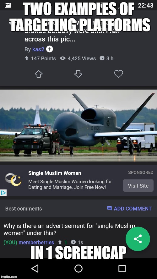 marketing | TWO EXAMPLES OF TARGETING PLATFORMS; IN 1 SCREENCAP | image tagged in drone,muslim | made w/ Imgflip meme maker