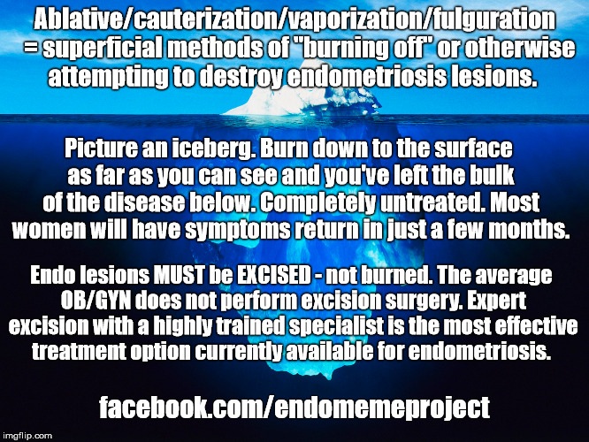 Ablative/cauterization/vaporization/fulguration  = superficial methods of "burning off" or otherwise attempting to destroy endometriosis lesions. Picture an iceberg. Burn down to the surface as far as you can see and you've left the bulk of the disease below. Completely untreated. Most women will have symptoms return in just a few months. Endo lesions MUST be EXCISED - not burned. The average OB/GYN does not perform excision surgery. Expert excision with a highly trained specialist is the most effective treatment option currently available for endometriosis. facebook.com/endomemeproject | made w/ Imgflip meme maker