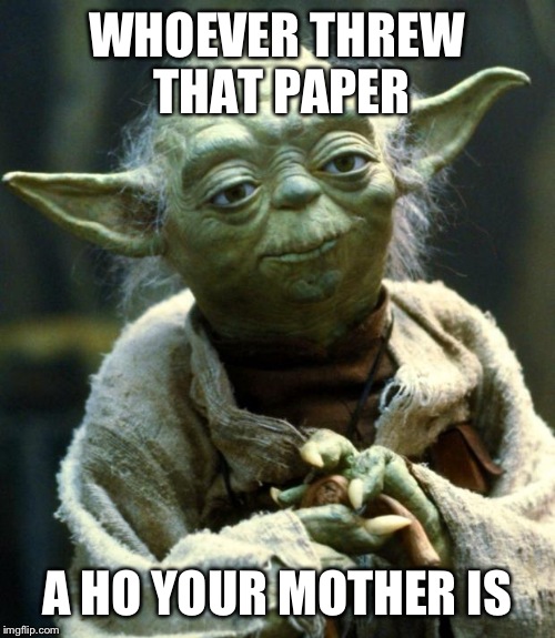 Star Wars Yoda Meme | WHOEVER THREW THAT PAPER; A HO YOUR MOTHER IS | image tagged in star wars yoda,vine | made w/ Imgflip meme maker