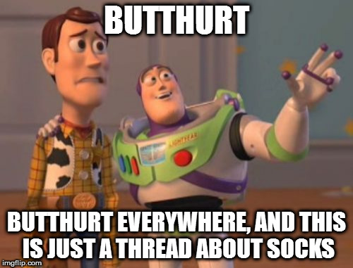 X, X Everywhere | BUTTHURT; BUTTHURT EVERYWHERE, AND THIS IS JUST A THREAD ABOUT SOCKS | image tagged in memes,x x everywhere,human nature,internet,butthurt | made w/ Imgflip meme maker