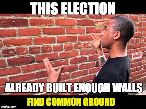 Brick wall guy | THIS ELECTION; ALREADY BUILT ENOUGH WALLS; FIND COMMON GROUND | image tagged in brick wall guy | made w/ Imgflip meme maker