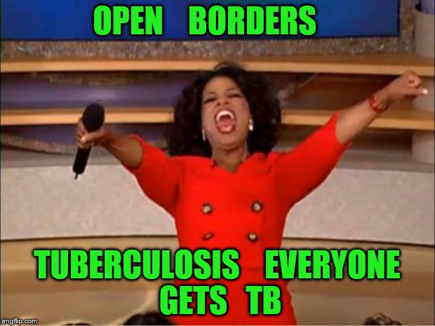 Oprah You Get A | OPEN    BORDERS; TUBERCULOSIS    EVERYONE   GETS   TB | image tagged in memes,oprah you get a | made w/ Imgflip meme maker