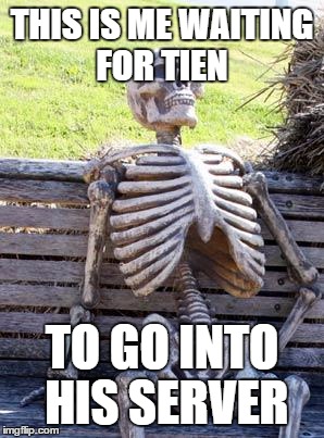 Waiting Skeleton | THIS IS ME WAITING FOR TIEN; TO GO INTO HIS SERVER | image tagged in memes,waiting skeleton | made w/ Imgflip meme maker