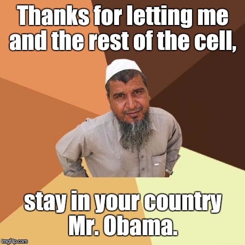1awhcf.jpg | Thanks for letting me and the rest of the cell, stay in your country Mr. Obama. | image tagged in 1awhcfjpg | made w/ Imgflip meme maker