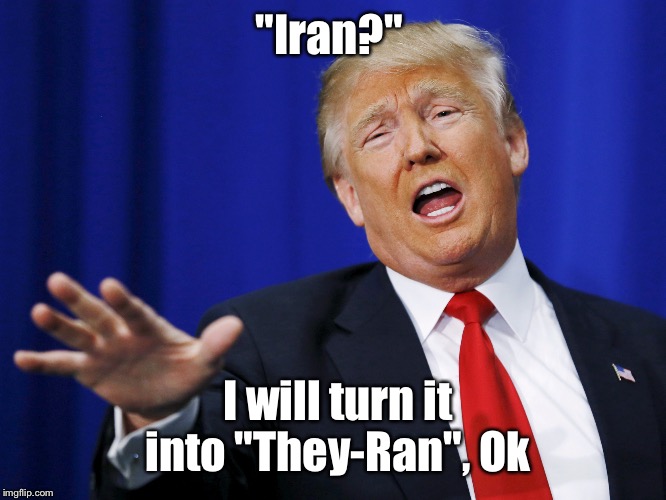 Trump | "Iran?"; I will turn it into "They-Ran", Ok | image tagged in donald trump | made w/ Imgflip meme maker