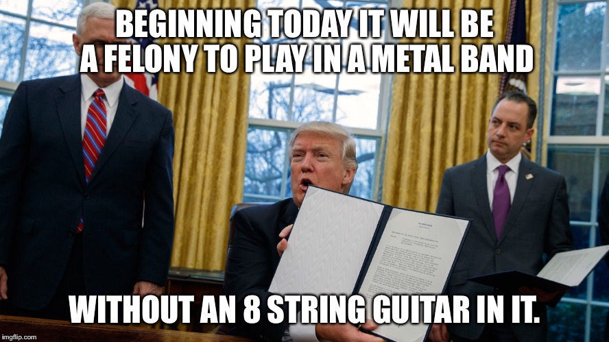 trump executive orders | BEGINNING TODAY IT WILL BE A FELONY TO PLAY IN A METAL BAND; WITHOUT AN 8 STRING GUITAR IN IT. | image tagged in trump executive orders | made w/ Imgflip meme maker