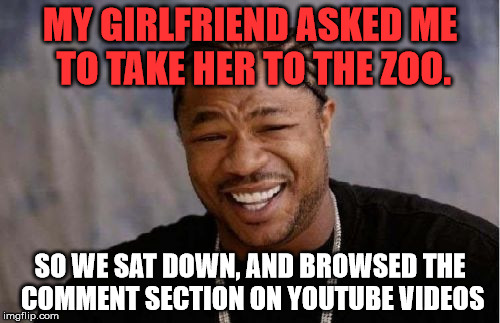 Animalistic Fist A Cuffs  | MY GIRLFRIEND ASKED ME TO TAKE HER TO THE ZOO. SO WE SAT DOWN, AND BROWSED THE COMMENT SECTION ON YOUTUBE VIDEOS | image tagged in memes,yo dawg heard you,first world problems,funny,politics,crazy | made w/ Imgflip meme maker