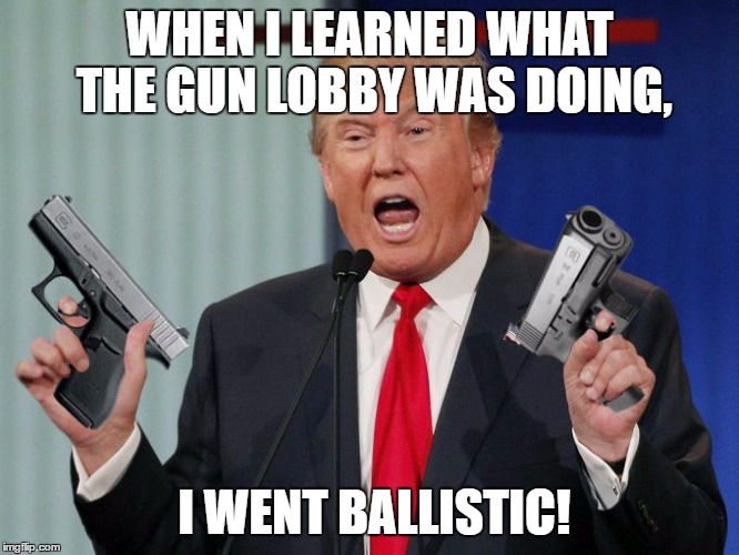 Gun Trump | WHEN I LEARNED WHAT THE GUN LOBBY WAS DOING, I WENT BALLISTIC! | image tagged in gun trump | made w/ Imgflip meme maker