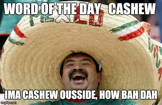 Happy Mexican | WORD OF THE DAY   CASHEW; IMA CASHEW OUSSIDE, HOW BAH DAH | image tagged in happy mexican | made w/ Imgflip meme maker