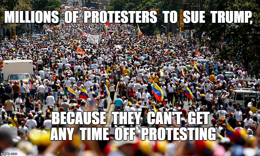Trump Protesters | MILLIONS  OF  PROTESTERS  TO  SUE  TRUMP, BECAUSE  THEY  CAN'T  GET  ANY  TIME  OFF  PROTESTING | image tagged in awww,meme | made w/ Imgflip meme maker