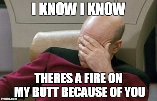 Captain Picard Facepalm | I KNOW I KNOW; THERES A FIRE ON MY BUTT BECAUSE OF YOU | image tagged in memes,captain picard facepalm | made w/ Imgflip meme maker