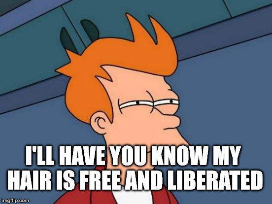 Futurama Fry Meme | I'LL HAVE YOU KNOW MY HAIR IS FREE AND LIBERATED | image tagged in memes,futurama fry | made w/ Imgflip meme maker
