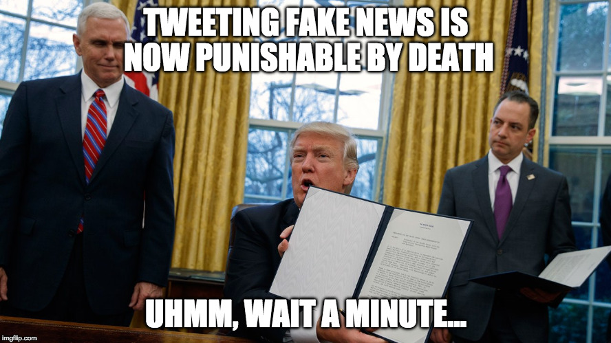 trump executive orders | TWEETING FAKE NEWS IS NOW PUNISHABLE BY DEATH; UHMM, WAIT A MINUTE... | image tagged in trump executive orders | made w/ Imgflip meme maker