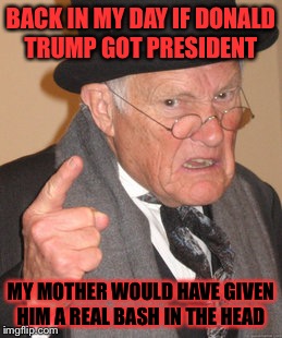 Back In My Day Meme | BACK IN MY DAY IF DONALD TRUMP GOT PRESIDENT; MY MOTHER WOULD HAVE GIVEN HIM A REAL BASH IN THE HEAD | image tagged in memes,back in my day | made w/ Imgflip meme maker