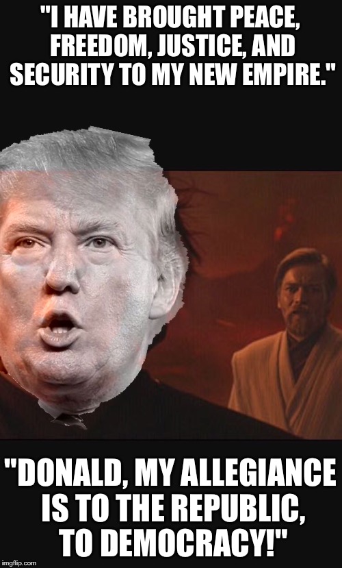 "I HAVE BROUGHT PEACE, FREEDOM, JUSTICE, AND SECURITY TO MY NEW EMPIRE."; "DONALD, MY ALLEGIANCE IS TO THE REPUBLIC, TO DEMOCRACY!" | image tagged in trump,potus,star wars | made w/ Imgflip meme maker