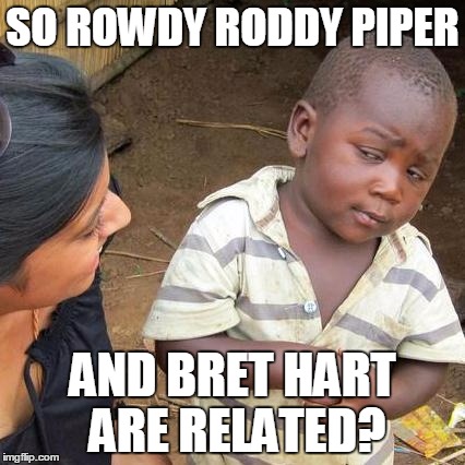 Third World Skeptical Kid Meme | SO ROWDY RODDY PIPER; AND BRET HART ARE RELATED? | image tagged in memes,third world skeptical kid | made w/ Imgflip meme maker