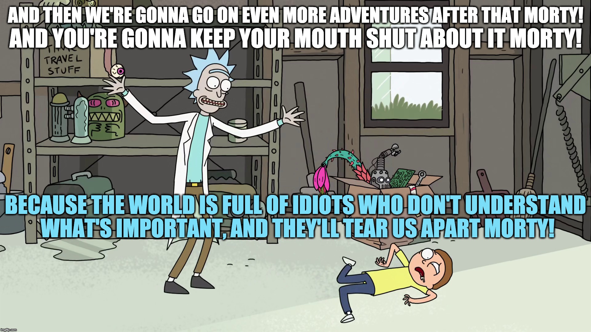 IDIOTS | AND THEN WE'RE GONNA GO ON EVEN MORE ADVENTURES AFTER THAT MORTY! AND YOU'RE GONNA KEEP YOUR MOUTH SHUT ABOUT IT MORTY! BECAUSE THE WORLD IS FULL OF IDIOTS WHO DON'T UNDERSTAND WHAT'S IMPORTANT, AND THEY'LL TEAR US APART MORTY! | image tagged in rick and morty | made w/ Imgflip meme maker