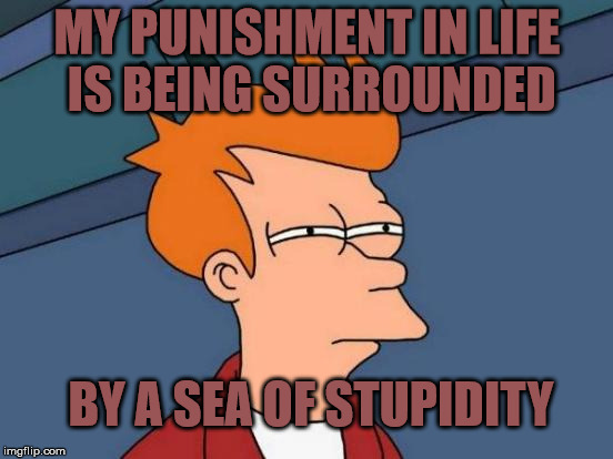 Futurama Fry Meme | MY PUNISHMENT IN LIFE IS BEING SURROUNDED; BY A SEA OF STUPIDITY | image tagged in memes,futurama fry | made w/ Imgflip meme maker