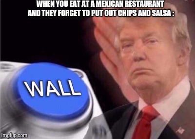 Trump Wall Button | WHEN YOU EAT AT A MEXICAN RESTAURANT AND THEY FORGET TO PUT OUT CHIPS AND SALSA : | image tagged in trump wall button | made w/ Imgflip meme maker