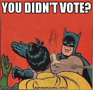 Batman slaps Robin | YOU DIDN'T VOTE? | image tagged in batman slaps robin | made w/ Imgflip meme maker