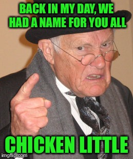 Back In My Day Meme | BACK IN MY DAY, WE HAD A NAME FOR YOU ALL CHICKEN LITTLE | image tagged in memes,back in my day | made w/ Imgflip meme maker
