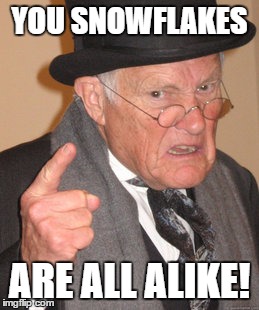 Back In My Day | YOU SNOWFLAKES; ARE ALL ALIKE! | image tagged in memes,back in my day | made w/ Imgflip meme maker