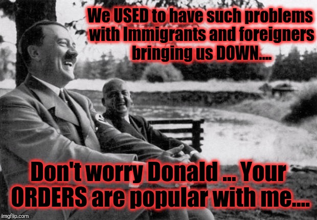 And Waterboarding....NOT Torture, AGAIN....Apparently. | We USED to have such problems with Immigrants and foreigners bringing us DOWN.... Don't worry Donald ... Your ORDERS are popular with me.... | image tagged in adolf hitler laughing,i did nazi that coming,dump the trump,donald trump approves,funny memes,memes | made w/ Imgflip meme maker